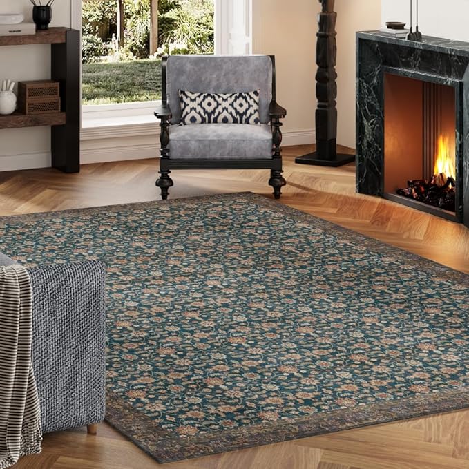4x6 Area Rugs Green Washable Rug for Living Room, Dining Room, Bedroom, Large Carpets, Non Slip & Non-Shedding Low Pile Vintage Print Rug for Home Office Decor