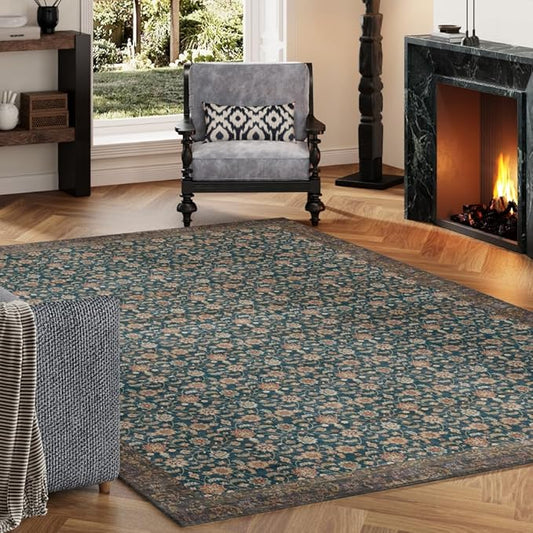 4x6 Area Rugs Green Washable Rug for Living Room, Dining Room, Bedroom, Large Carpets, Non Slip & Non-Shedding Low Pile Vintage Print Rug for Home Office Decor