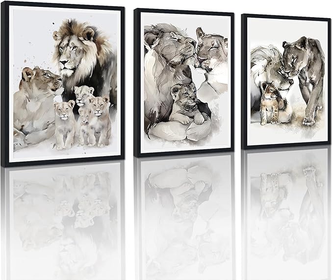 Lion Family Framed Canvas Wall Art Wildlife Animal Decor for Country House Apartment Living Room Vintage Farmhouse Nature Lion Portrait Print Artwork Wall Decor Easy to Hand 12x16inchx3pcs