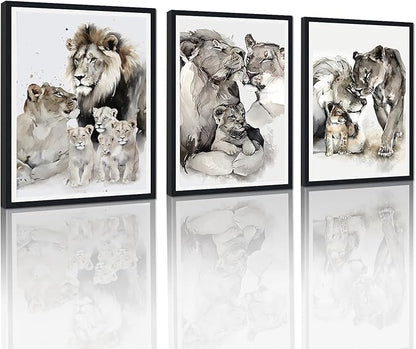 Lion Family Framed Canvas Wall Art Wildlife Animal Decor for Country House Apartment Living Room Vintage Farmhouse Nature Lion Portrait Print Artwork Wall Decor Easy to Hand 12x16inchx3pcs