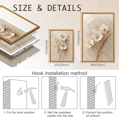 HLXRAE Minimalist Beige Floral Canvas Wall Art, Neutral Farmhouse Wall Decor, Wood Framed Vintage Botanical Poster Prints, Modern Flower Aesthetic Pictures for Bathroom Living Room Bedroom 12"x16"x3
