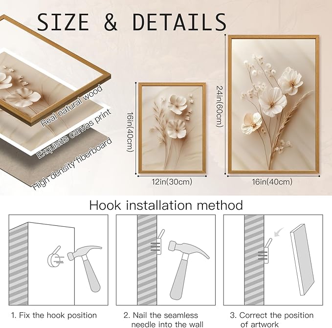 HLXRAE Minimalist Beige Floral Canvas Wall Art, Neutral Farmhouse Wall Decor, Wood Framed Vintage Botanical Poster Prints, Modern Flower Aesthetic Pictures for Bathroom Living Room Bedroom 16"x24"x3