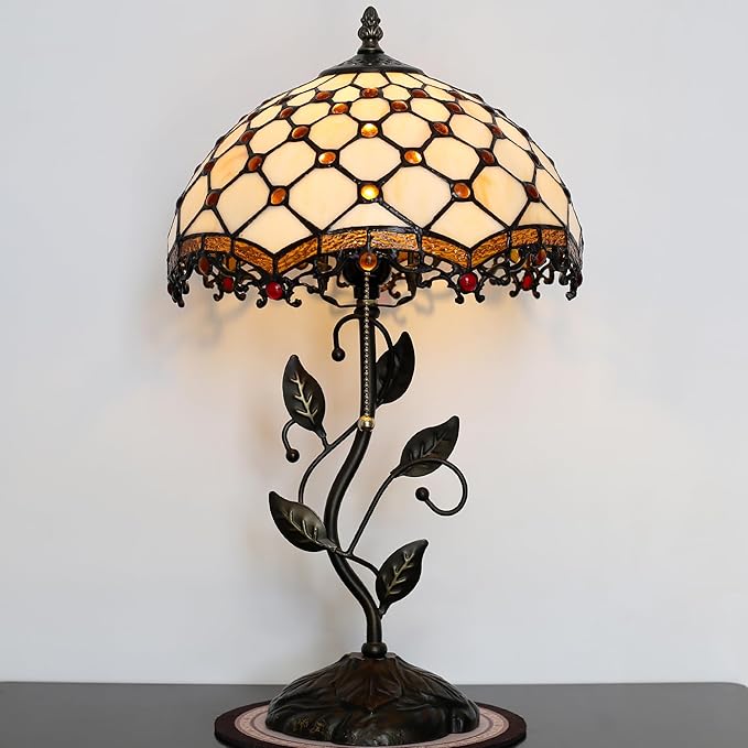 Tiffany Lamp Stained Glass Style Table Lamp Beads Style Bedside Desk Reading Light W12H19 Inch Metal Leaf Base with Metal Leaf Base