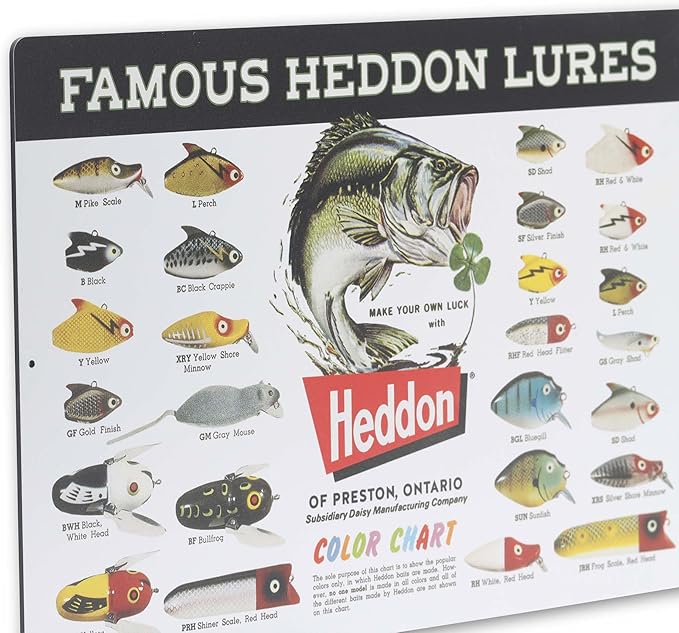Heddon Famous Lures Color Chart Metal Sign - Vintage Heddon Wall Decor for Man Cave or Garage