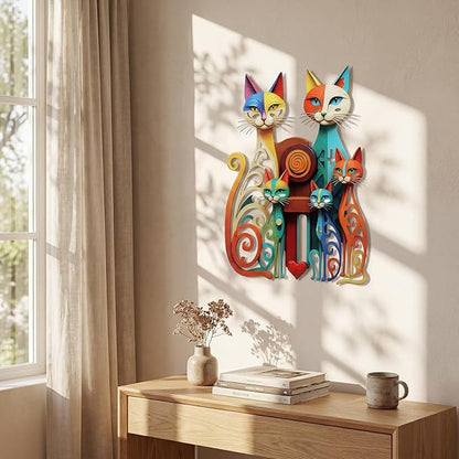 Wesiti Cat Wall Art Decor Iron Wall Sculptures Decor for Cats Lover 12.6 x 15.7 Inches Colorful Mid Century Cat Retro Signs for Home Living Room Bedroom Kitchen Office(Refined)