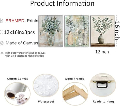AOYUSMO 3 Piece Sage Green Eucalyptus Vase Canvas Wall Art for Kitchen Boho Botanical Framed Wall Art Floral Farmhouse Neutral Prints Artwork For Dining Room Living Room 12"x16"
