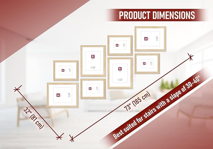 VELISTA 8 Piece Stair Picture Frame Set for Wall Collage - Stairwell Gallery Wall Set - Ladder Wooden Photo Frames with Mat - Farmhouse Staircase Wall Decor - Rustic Stairway Decor (Oak)