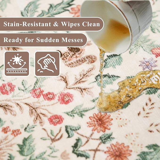 3x6 Botanical Rug Washable Non-Slip – Soft Wide Floor Carpet Runner for Kitchen Entryway Hallway Bathroom, Vintage Florals Animals Low Pile Area Rug (Cream)