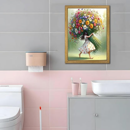 Wood Framed Pink Wildflower Canvas Wall Art, Girl Hugging Flowers Poster Prints Paintings, Teen Girls Preppy Bedroom Decor, Green Room laesthetic Picture for Kids Room Hallway Living Room 12x16 Inch