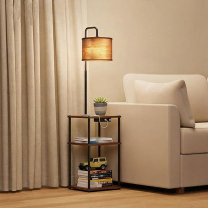 Floor Lamp with Table, Shelves, Side Table with USB Charging Port and Outlet, Modern Bedside Nightstand End Table with Lamp for Living Room, Bedroom, Guest Room, Bulb Included, Wood Grain