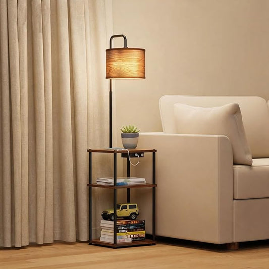 Floor Lamp with Table, Shelves, Side Table with USB Charging Port and Outlet, Modern Bedside Nightstand End Table with Lamp for Living Room, Bedroom, Guest Room, Bulb Included, Wood Grain