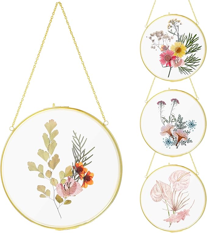 Qunclay 4 Pcs Double Glass Frame for Pressed Flowers Round Hanging Herbarium Floating Flower Press Frame Clear DIY Vintage Artwork Display holder(5 Inch,Gold)