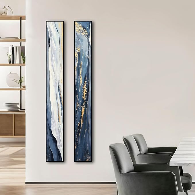 Large Framed Long Narrow Vertical Abstract Wall Art Set of 2, Premium Crystal Porcelain Canvas Prints, Navy Blue Gold Modern Design - Perfect for Entryway, Hallway, Living Room, Bedroom - 63x10 inch