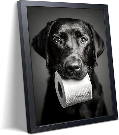 Black and White Bathroom Wall Art, Funny Labrador Dog Canvas Prints Poster, Cute Dog Chewing Toilet Paper Wall Decor, Modern Farmhouse Restroom Bathroom Home 8x10 Inch Framed