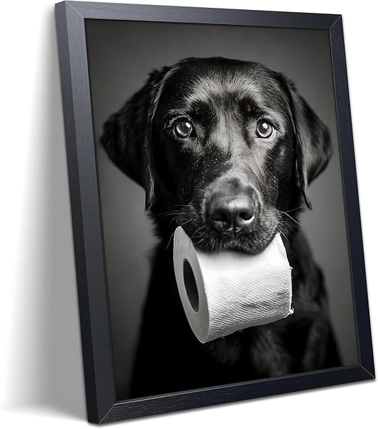 Black and White Bathroom Wall Art, Funny Labrador Dog Canvas Prints Poster, Cute Dog Chewing Toilet Paper Wall Decor, Modern Farmhouse Restroom Bathroom Home 8x10 Inch Framed