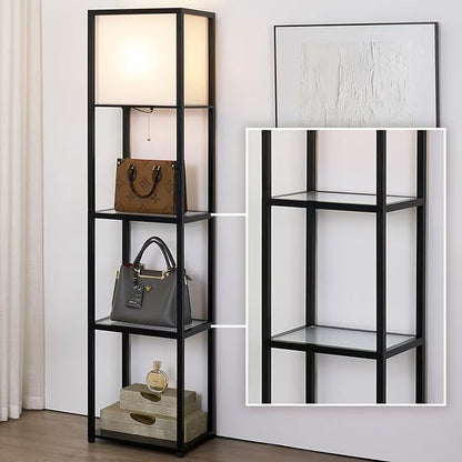 Floor Lamp with Shelves, Modern Standing Lamp with Tempered Glass Shelves, Large Display Shelf Lamp, Tall Lamp with Shelves for Living Room, Bedroom, Office, Black