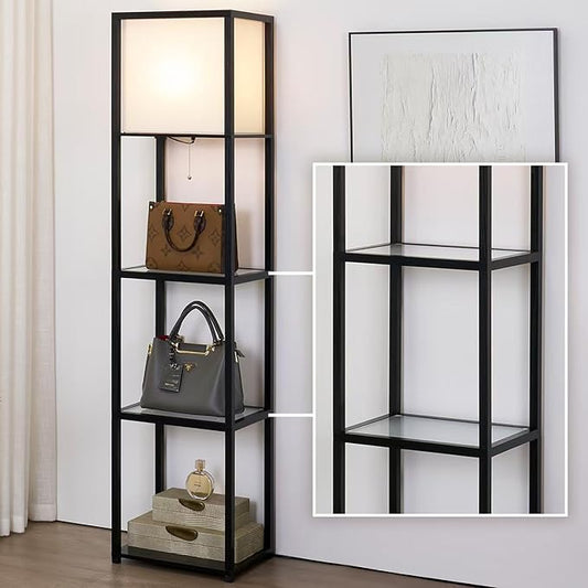 Floor Lamp with Shelves, Modern Standing Lamp with Tempered Glass Shelves, Large Display Shelf Lamp, Tall Lamp with Shelves for Living Room, Bedroom, Office, Black