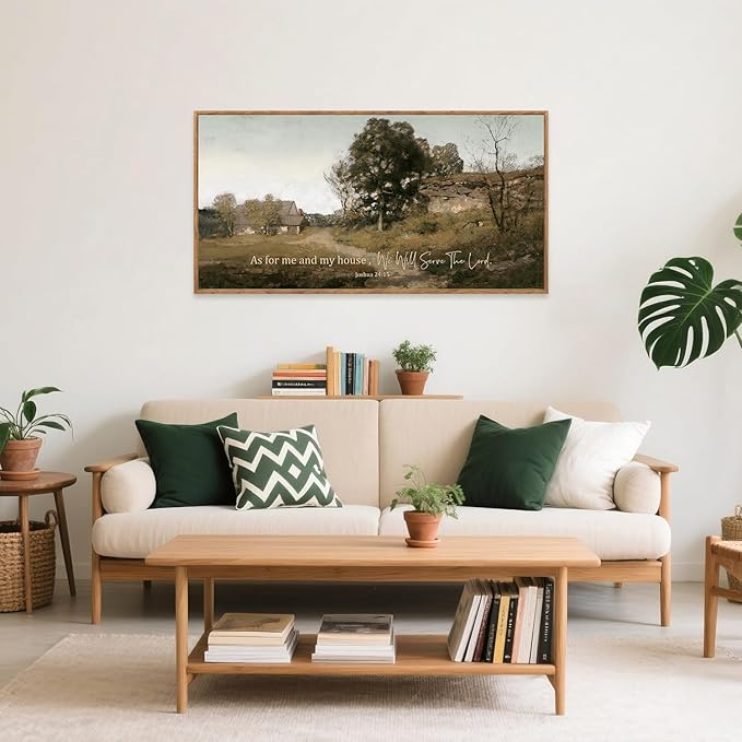 Aurlan As For Me and My House We Will Serve the Lord Wall Art(40"x20"), Farmhouse Jesus Christian Joshua 24:15 Bible Verse Scripture Canvas Artwork, Vintage Retro Cottage Country Nature Landscape Decor for Dining Room Home