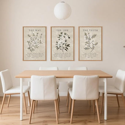 Vintage The Way The Truth The Life Framed Canvas Wall Art Set,Boho Floral Christian Scripture Wall Decor,Religious Botanical Psalm Verse Artwork for Living Room,Bedroom,Prayer Room-16"x24"x3