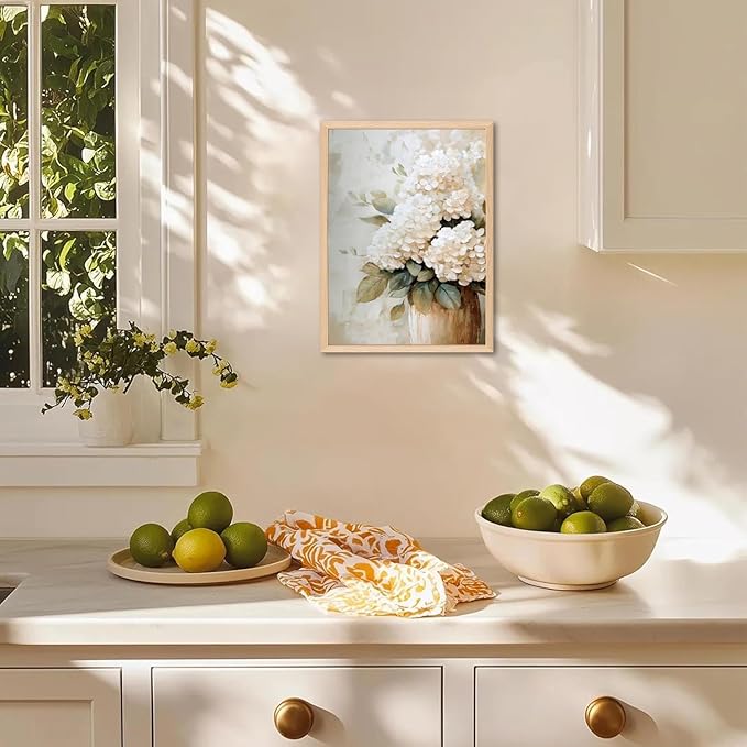 Framed Hydrangea Wall Art, White Floral Botanical Wall Decor Pictures, Vintage Flower Canvas Prints Paintings Farmhouse Aesthetic Home Decor for Living Room Bedroom Bathroom Kitchen 12x16 inch