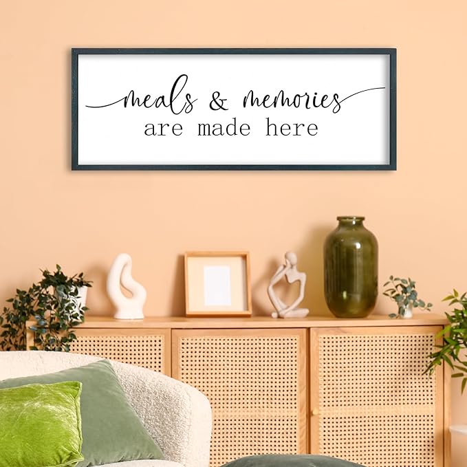 FZMHASLWW Meals and Memories Are Made Here Wall Decor Sign 32"x12" for Dining Room Kitchen Large Wooden Framed Hanging Art (Black)