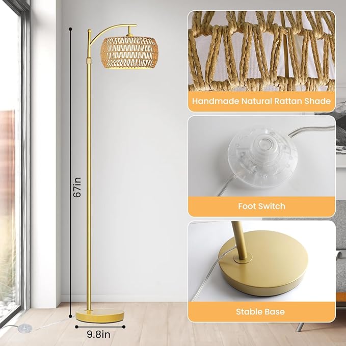 Yusist Arc Floor Lamp for Living Room,Farmhouse Floor Lamps with Remote Control & Dimmable Bulb,Gold Boho Rattan Tall Standing Lamp for Bedroom Office