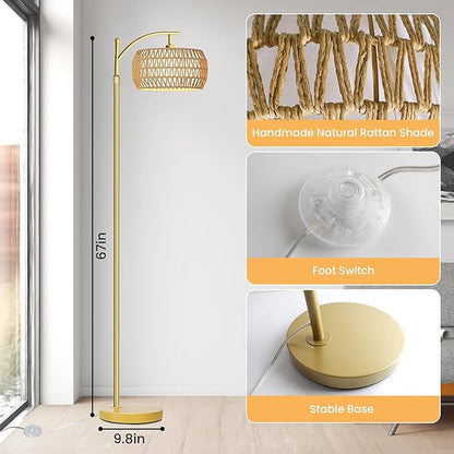 Yusist Arc Floor Lamp for Living Room,Farmhouse Floor Lamps with Remote Control & Dimmable Bulb,Gold Boho Rattan Tall Standing Lamp for Bedroom Office