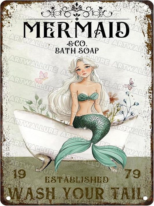 Mermaid Bathroom Decor Tin Sign Metal Wall Art for Seaside Bath & Shower Waterproof 12x16 Inch
