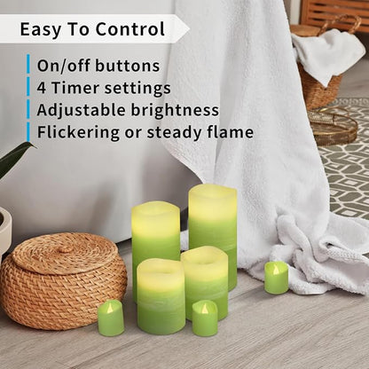 FURORA LIGHTING Green Ombre Flameless Candles - Real Wax, Adjustable Brightness, Remote & Timer - 4 Pillars (3x4, 3x6) and 4 Votives, 8-Pack, Battery Operated