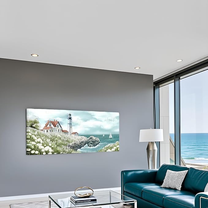 Conipit Coastal Lighthouse Canvas Wall Art Seascape with Sailboats Pictures Portland Lighthouse Painting Ocean Scene Home Decor 20''x48''