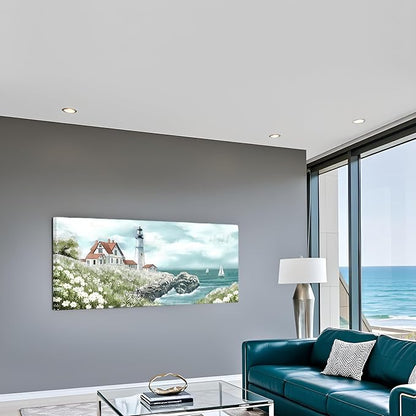 Conipit Coastal Lighthouse Canvas Wall Art Seascape with Sailboats Pictures Portland Lighthouse Painting Ocean Scene Home Decor 20''x48''