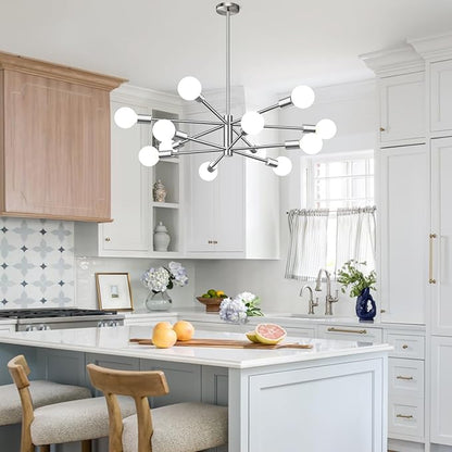 10.9"-52.3" Height Adjustable Modern Chandelier Ceiling Light Fixture, 12-Light Sputnik Chandeliers Brushed Nickel Mid Century Chandelier Over Table, Chandeliers for Dining Room (Bulbs Not Included)