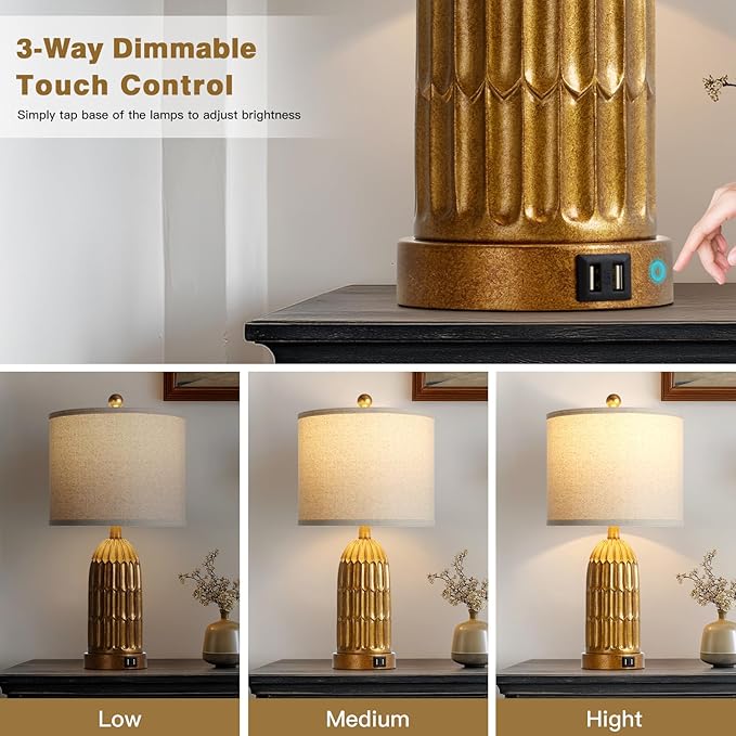 Cinkeda Table Lamps for Bedroom Set of 2, Farmhouse 3-Way Dimmable Touch Nightstand Lamp with 2 USB Charging Ports, Vintage Rustic Traditional Bedside Lamp for Living Room End Table