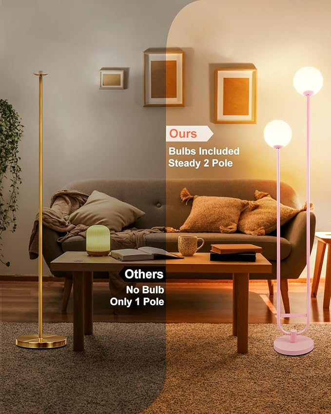 Lightdot 63IN Pink Floor Lamp Modern Mid Century Globe Standing Lamps with 3000K LED Bulbs Included Candle Holder Style Vintage Tall Lamp for Living Room/Wedding/Sofa Beside/Corner Decor
