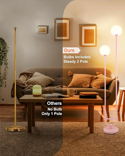 Lightdot 63IN Pink Floor Lamp Modern Mid Century Globe Standing Lamps with 3000K LED Bulbs Included Candle Holder Style Vintage Tall Lamp for Living Room/Wedding/Sofa Beside/Corner Decor