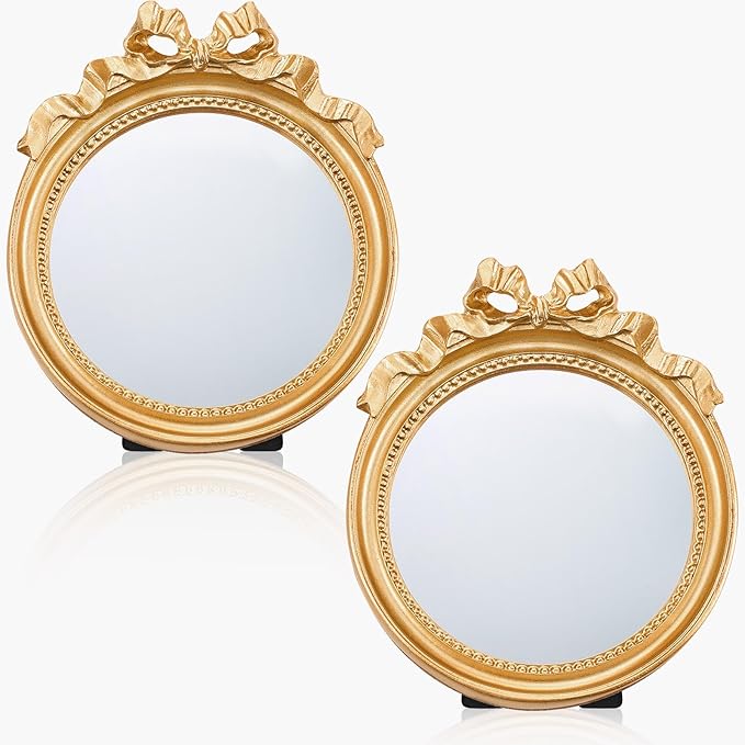 Threehoney 2 Pack Portable Small Vintage Gold Bow Mirror 6" Round Vintage Makeup Desk Mirror for Bedroom, Bathroom, Table Decoration
