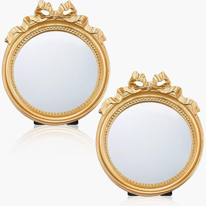Threehoney 2 Pack Portable Small Vintage Gold Bow Mirror 6" Round Vintage Makeup Desk Mirror for Bedroom, Bathroom, Table Decoration