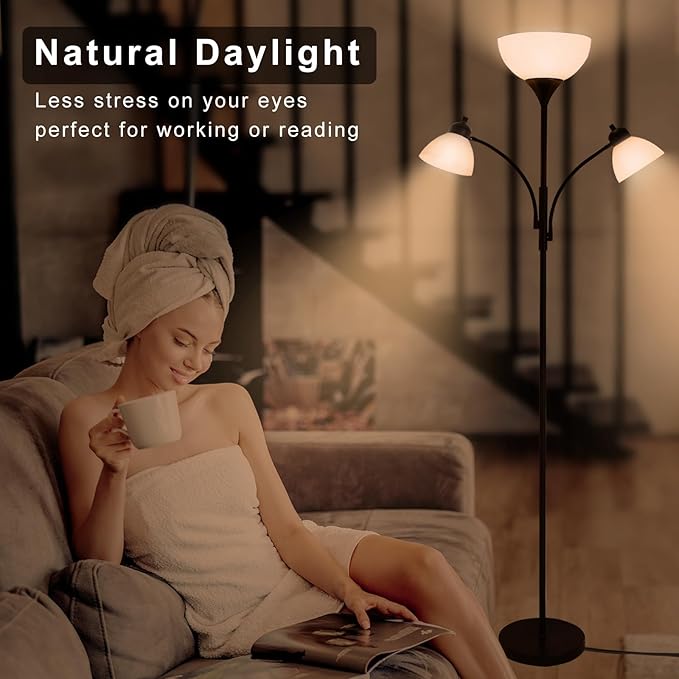 RISLG Floor Lamps for Living Room,Standing Lamp with Stepless Dimming, 3 Lights Adjustable Reading Lights, Morden Tall Lamps for Living Room, Bedroom, Office