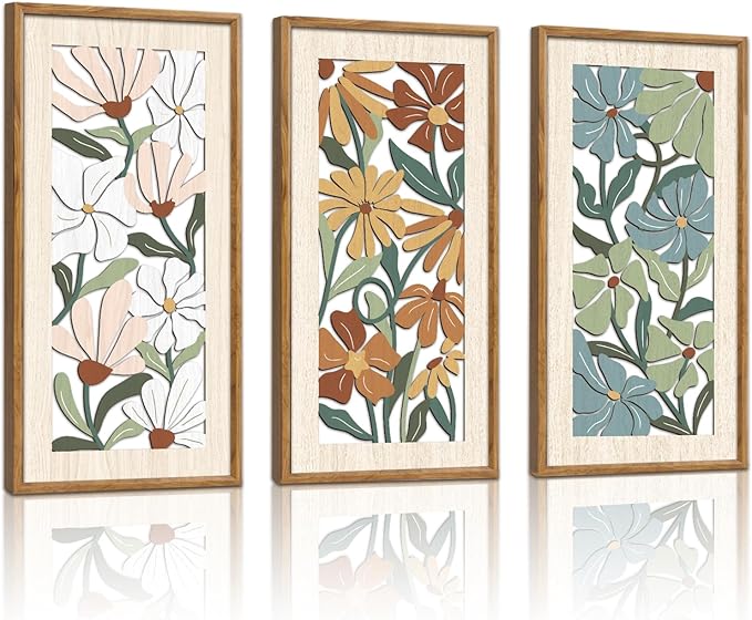 KAIRNE Vintage Colorful Floral Wooden Wall Art Set of 3,Abstract Boho Wood Decoration,Mid Century Modern Flower Wall Decor,Minimalist Wildflower Artwork for Living Room Bedroom Office,8X16 inch