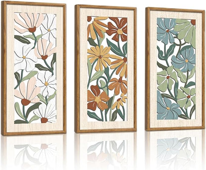 KAIRNE Vintage Colorful Floral Wooden Wall Art Set of 3,Abstract Boho Wood Decoration,Mid Century Modern Flower Wall Decor,Minimalist Wildflower Artwork for Living Room Bedroom Office,8X16 inch