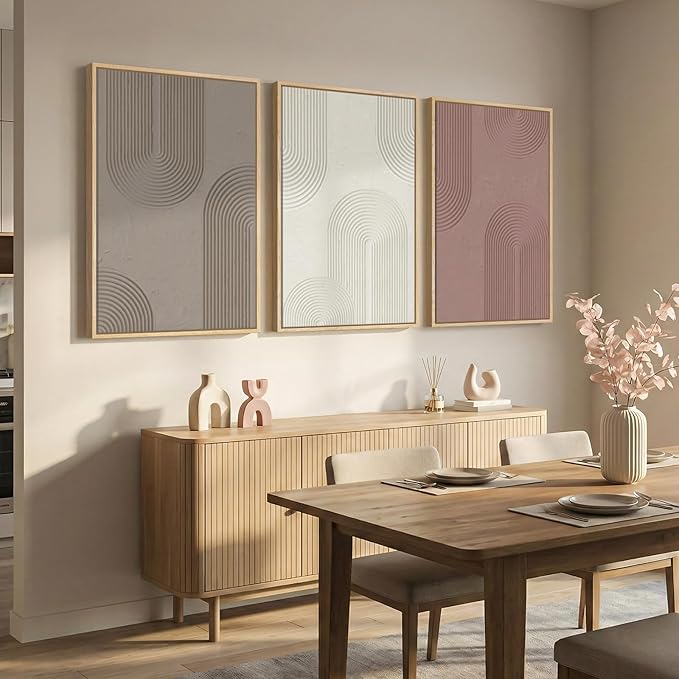 Large Framed Abstract Boho Wall Art for Living Room, 3 Piece Modern Neutral Blush Pink and Brown Canvas Artwork for Walls, Minimalist Painting Print for Bedroom Dining Room Office Wall Decor, 24x36 In