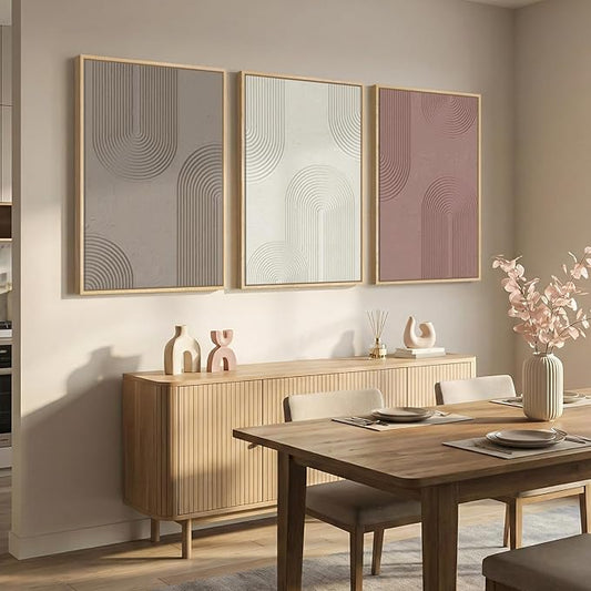 Large Framed Abstract Boho Wall Art for Living Room, 3 Piece Modern Neutral Blush Pink and Brown Canvas Artwork for Walls, Minimalist Painting Print for Bedroom Dining Room Office Wall Decor, 24x36 In