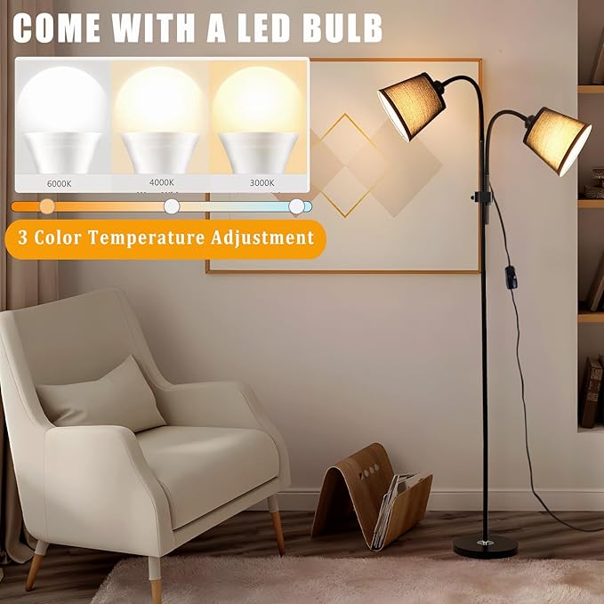 Floor Lamp, Industrial Metal Floor Lamps for Living Room with Adjustable Bendable 2 in 1 Reading Table Lamps for Living Room Bedroom Office (B2+Black)