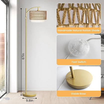 Yusist Arc Floor Lamp for Living Room,Gold Floor Lamps with Remote Control & Dimmable Bulb,Rattan Boho Tall Standing Lamp for Bedroom Office