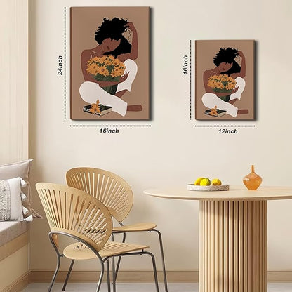 Black Woman Canvas Wall Art Set of 3 - Boho Black Girl Sunflower Posters African American Pictures Fashion Flower Art Prints for Nordic Minimalist Room Bedroom Wall Decor 16”x24”x3 Framed
