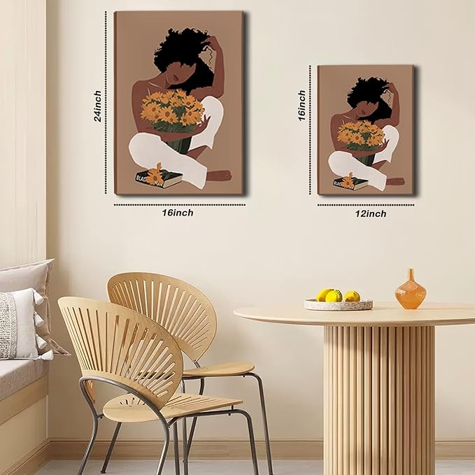 Black Woman Canvas Wall Art Set of 3 - Boho Black Girl Sunflower Posters African American Pictures Fashion Flower Art Prints for Nordic Minimalist Room Bedroom Wall Decor 12”x16”x3 Framed