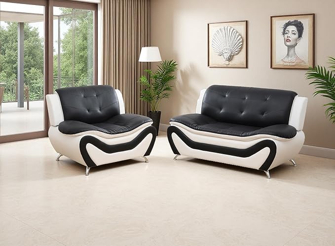 2PCS Living Room Furniture Sets, Faux Leather Sofa Couches, Living Room Black&White Sofa Set, Loveseat and Chair for Bedroom, Apartment