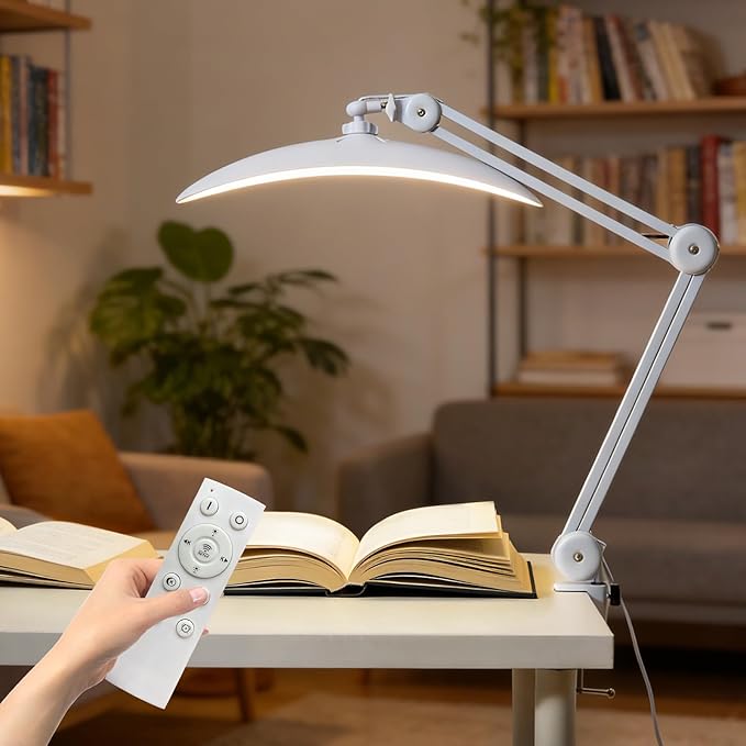 48W Eye-Caring LED Clip On Desk Lamp, 2700K/4200K/5600K with Clamp and Remote, Curved Design for Focused Lighting, CRI 95+ for Nail, Crafting, Painting, Hobby & Computer Monitor Light