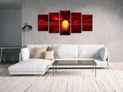 Wieco Art Red Sun Canvas Prints Wall Art Ocean Sea Beach Pictures Paintings Ready to Hang for Living Room Bedroom Home Decorations Modern 5 Piece Stretched and Framed Grace Landscape Giclee Artwork