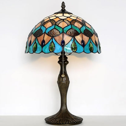Tiffany Lamp Stained Glass Table Lamp Bedside Reading Lamp 12 x 19” Blue Phoenix Tail Style Decorative Lamp for Desk Study Living Room Bedroom Office Decor Gift